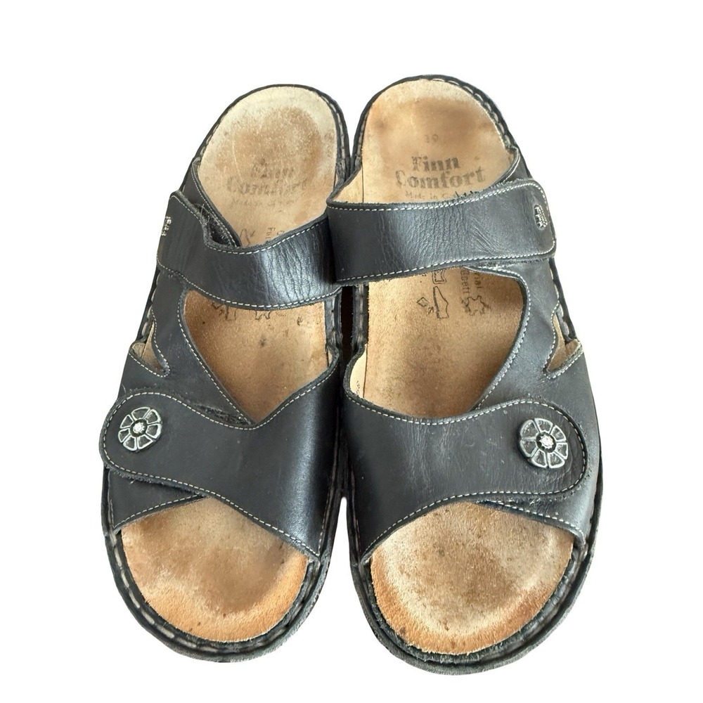 Finn Comfort Sansibar Sandals Size 39 US 8-8.5 Black Leather Slides Strappy